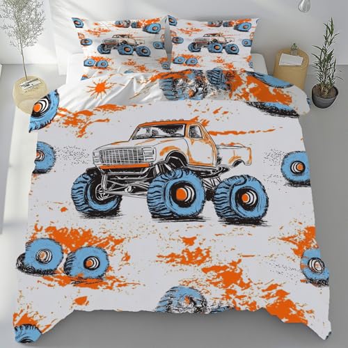 Sobhdga Karikatur LKW Bettwäsche 135x200 3teilig, Kinder Bauwagen Bettwäsche-Sets Mikrofaser, Modern Graffiti Bettbezug Weich, mit Reißverschluss Und 2 Kissenbezug 80x80 cm