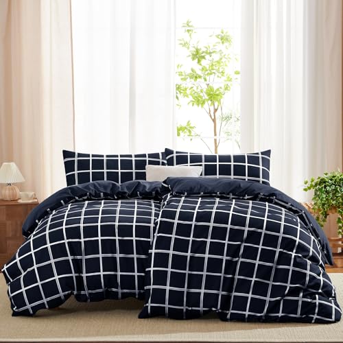 WAVVE Bettwäsche 135x200 4teilig Bettbezug Mikrofaser Bettwäsche-Sets 135 x 200 cm 2er Set mit 2 Kissenbezüge 40x80cm, ÖKO-TEX, Wendebettwäsche Bedding Blau Karomuster Muster mit Reißverschluss