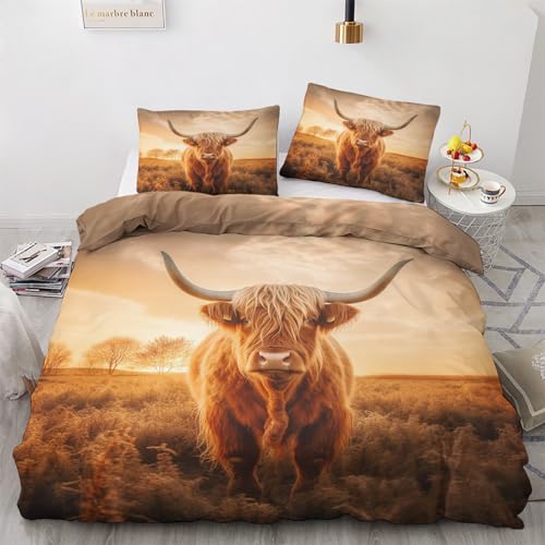 GEDAEUBA Bettwäsche 155x220 Hochlandrind - Western Bauernhoftiere Bettbezug 155x220 3 teilig, Wendebettwäsche und Kissenbezug 80x80, Weiche & Angenehme Mikrofaser Bettwäsche-Sets mit Reißverschluss