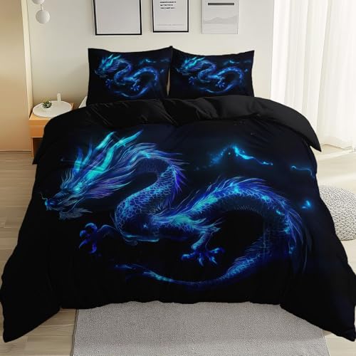 Bettwäsche Set 135 x 200 cm, Orientalisch Drache Nachthimmel Gedrucktes Muster, Blau Schwarz Gebürstete Mikrofaser Weiche & Atmungsaktive Bettwäsche-Sets mit Reißverschluss