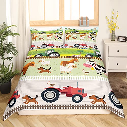 Kinder Cartoon Bauernhof Tiere Bettwäsche 135x200 cm Kleinkind Niedliche Traktoren Bettwäsche Set für Jungen Mädchen Kinder Bauernhaus Landhausstil Bettbezug Set Bunte Zimmer Dekor Natur Thema