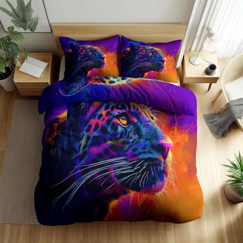 Neon Bettwäsche-Set 200 x 200 cm für Erwachsene Kinder Jungen und Mädchen, Aquarell Graffiti Leopard Druck Weiche Mikrofaser Schlafzimmer 3 Stück Bettbezug mit 2 Kissenbezügen 80 x 80 cm