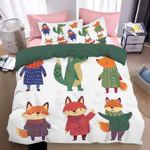 WunM Studio Bettwäsche 135 * 200cm Weiß Niedliche Tierfiguren Bettbezug Set 2 Teilig Fuchs Herbst Blümchen Blumenmuster Weich Bettwäsche-Sets mit 1 Kissenbezüge 80x80 cm und Reißverschluss