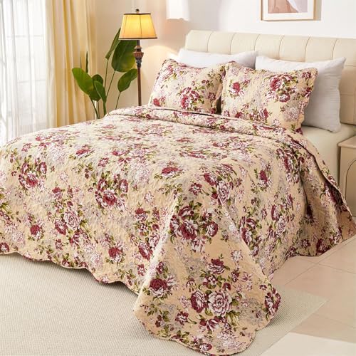 Cmfshape Romantisches Patchwork-Steppdecken-Set für King-Size-Bett, wendbar, 3-teilig, Rosen-Bettwäsche-Set mit Kissenbezügen, leichte Mikrofaser-Bettwäsche-Se t für alle Jahreszeiten, Rot, 250 x 228