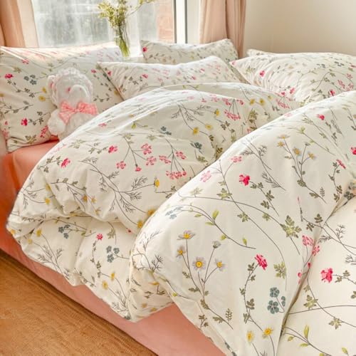 Nayoroom Bettwäsche 155x220 Baumwolle Blumen Rosa Blumenmuster Aesthetic Cute Blumig Beige Bettbezug Set 2teilig Floral Mädchen Blumenwiese Deckenbezug Reißverschluss und Blümchen Kissenbezug 80x80
