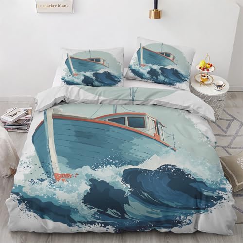 Generisch Segelboot Bettwäsche 135x200cm 2 teilig, Schiff Meereswellen Bettbezug mit Reißverschluss, Weich & Bügelfrei, Boot Meer Navigation Bettwäsche Set Microfaser mit 1 Kissenbezug 80x80 cm