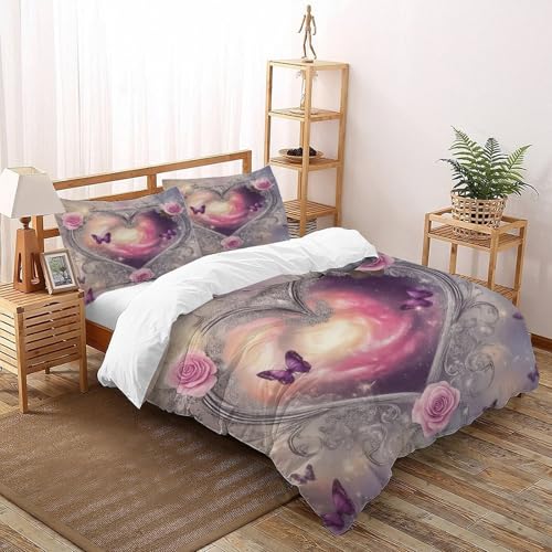 SanLiLLohKi Herz Schmetterling Bettwäsche Set 3-teilig Mit Reißverschluss Kissenbezug Betten Set Elegant Space Insects Für Jugendliche Kinder Schlafzimmer Double?200x200cm?
