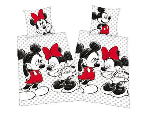 Herding Mickey + Minnie Mouse Partner Bettwäsche Doppelpack 80x80cm 135x200cm, 100% Baumwolle mit Reißverschluss