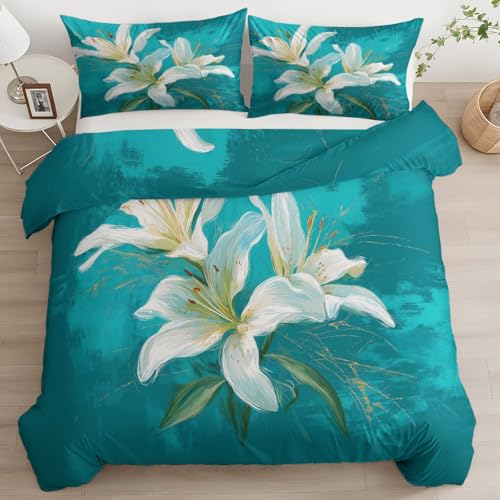 Türkis Flauschige Bettwäsche 135 x 200 cm, Weich Bettbezug Pflanzen Blumen Lilien Blumen Warme Bettwäsche-Sets mit Reißverschluss - Kuschel Bettbezug mit Kissenbezüge 80 x 80 cm