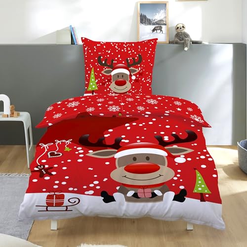 Weihnachts Bettwäsche rot mit Rentier Motiv Set 2-teilig - Decken- und Kissenbezug 135x200 80x80 cm - Fleece, wärmend, mit Reißverschluss für Weihnachten, Maschinenwaschbar, Öko-Tex Zertifiziert