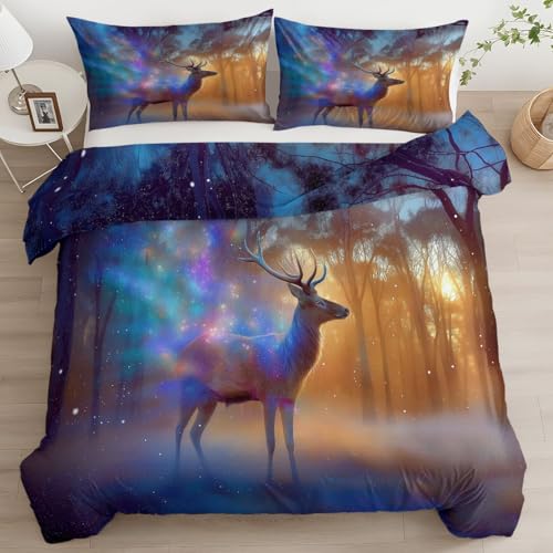 Doppelseitig Kinder Bettwäsche Set Cartoon Fantasie Tier Hirsch Microfaser Bettbezug Set für Jungen Mädchen Himmel Qualität Betten Set inkl.1 Bettbezug 180 x 200 cm und 2 Kissenbezüge 80x80 cm