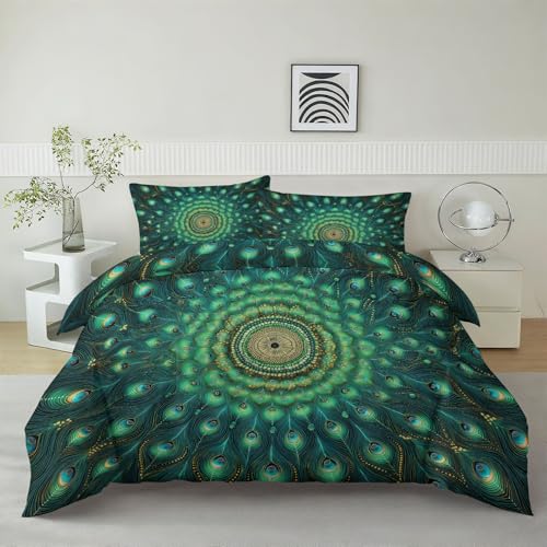 Srigzcaly Bettwäsche 135x200 cm Fantasy Runde Pfauenfeder, Weiche Bügelfreie Cozy Mikrofaser Wendebettwäsche Set 3tlg, Türkis Schlafzimmer Deko, 2 Kissenbezug 80x80 cm - mit Reißverschluss