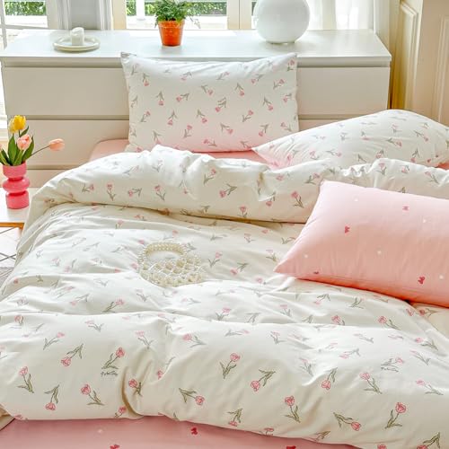 Covebett Bettwäsche 135x200 Baumwolle Rosa Weiß Tulpen Blumen Floral Wende Bettwäsche Set 2teilig Romantisch Mädchen Geblümt Bettbezug und Kissenbezug 80x80 cm mit Reißverschluss