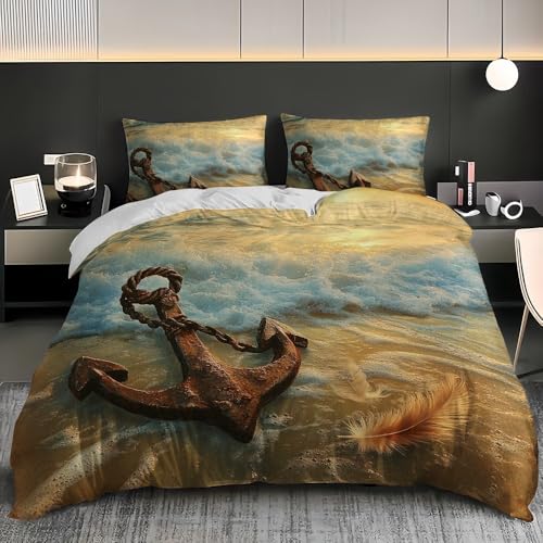 Bettbezug 180x200 cm Weich Bügelfrei Erwachsene Bettwäsche 3-teiliges - Meeresstrand-Anker Bettwäsche-Sets mit 2 Kissenbezug 80x80, Gold Bettbezug für Einzelbett mit Reißverschluss