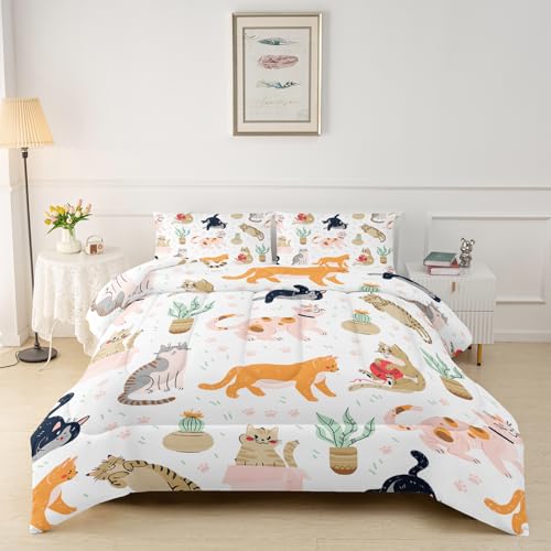 3-teiliges Bettwäsche-Set mit niedlichen Katzen und Pflanzen, für Mädchen und Erwachsene, Raumdekoration, Schlafzimmer- oder Raumdekoration, Ganzjahresdecke, Mikrofaser-Steppdecke mit 2 Kissenbezügen