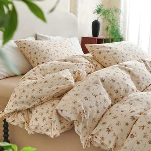 Freyamy Blumen Bettwäsche 135x200cm Baumwolle Beige Khaki Grün Floral Schleifen Bettwäsche-Sets Mädchen Kinder Deckenbezug ÖKO-TEX Bettbezug mit Reißverschluss und Kissenbezug 80x80cm