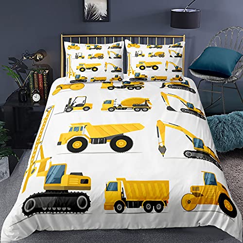 Andrui Bettwäsche Set, Cartoon Bagger, Maschinenfahrzeuge, Bettbezug mit Reißverschluss 2 Kissenbezüge für Kinder, Studenten, Jungen Mädchen, Mikrofaser, grau, Single 135x200cm