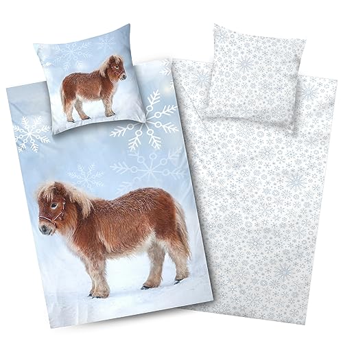 Aminata kids Bettwäsche 135x200 Kinder Pferde Biber Flanell Baumwolle | hell-blau - Mädchen | 2- teilige warme & weiche Kinder-Wende-Bettwäsche- Set Pony