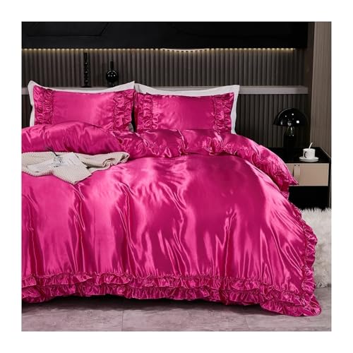 CNYUON 3-teiliges Satin-Bettbezug-Set, Seiden-Bettwäsche-Set, seidiges Rüschenmuster, luxuriöses Bett-Set(Rose red,200x200cm-UK-Double)