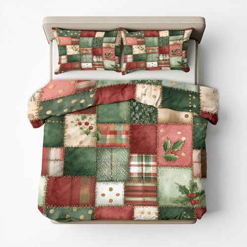 Bettwäsche 135x200 Weihnachten Wende Motiv 2tlg, Schlafzimmer Deko, Frohe Xmas Rot Grün Kariert Feiertag Bettbezug und 1 Kissenbezug 80x80, Weiche Mikrofaser Deckenbezug mit Reißverschluss -h819