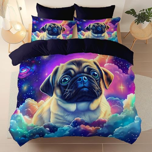 Bettwäsche Set 240 x 260 cm, Weich Mikrofaser Bettbezug Cartoon Galaxie Mops für Kinder Teenager und Erwachsene Schlafzimmer Dekoration, Dunkelviolett Bequem Atmungsaktiv Bettbezüge