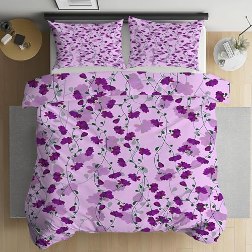 PNHCL Bettwäsche 135x200 cm 3 Teilig - Blumen Violett Wende Bettwäsche Set - Natur Ästhetik Microfaser Bettwäsche mit Reißverschluss und 2 Kissenbezug 80x80 cm H-87