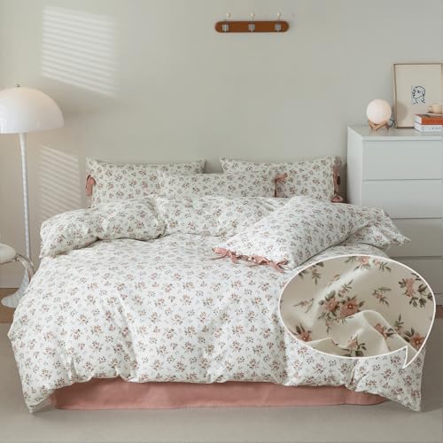 Cottagecore Bettwäsche-Set, 3-teilig, Blush Pink Flower Bettbezug mit 2 Kissenbezügen, Cottagecore-Bettwäsche-S et, 100 % Baumwolle, Vintage-Landhaus-Bettbezu g ohne Füllung, 203,2 x 228,6 cm