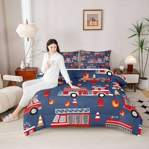 Homewish LKW Bettwäsche , Queen, Feuerwehrauto Bettwäsche , 3 teilig, für Kinder, Teenager, Jungen, Erwachsene, Raumdekoration, Western Notfall Rettungsf ahrzeug, Steppdecken, rot