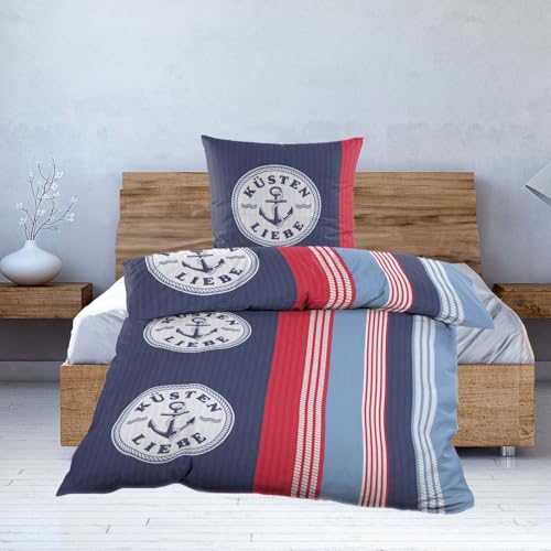 Casa Colori Maritim Seersucker Bettwäsche 135x200 Küsten Liebe - 100% Polyester für 80x80 Kissen