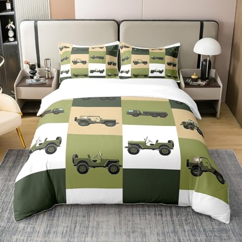 Loussiesd Bagger 100% Baumwolle Bettwäsche Set 135x200cm Baufahrzeuge Bettbezug Set für Ausrüstung LKW Betten Set Dunkelgrün Braun Bettwäsche-Set