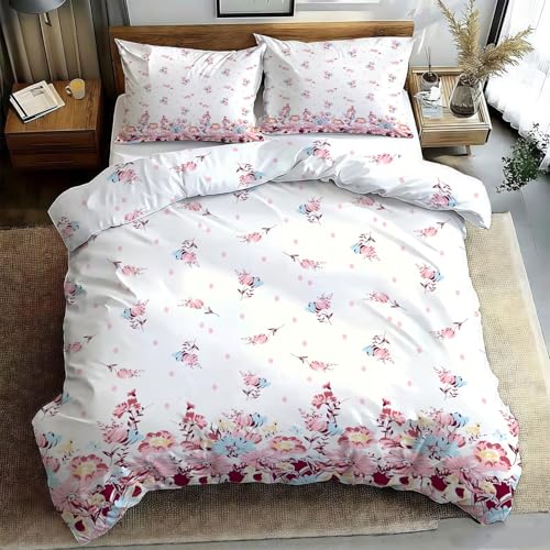 Ypthriline Bettwäsche 200x200 Rosa Blumendruck Bettbezug 3D Frische Punkte Bettbezug Mikrofaser 3teilig - 1 Warmes Weiche Bettwäsche 200x200 cm + 2 mit Reißverschluss Kissenbezüge 80x80 cm