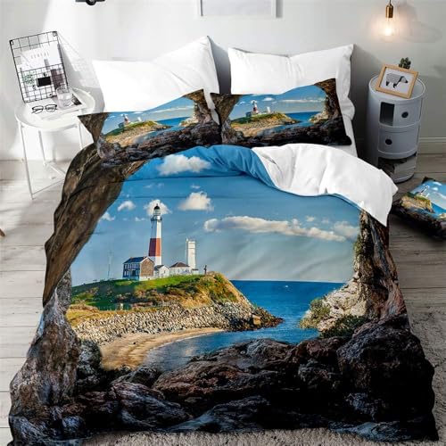 Leuchttürme an Der Küste Bettwäsche 155x200 Natürliche Landschaft 3D Bettbezug Weich Mikrofaser Bettwäsche-Sets 3 Teilig mit 2 Kissenbezüge 80x80 für Mädchen Jugendliche Einzelbett z.369