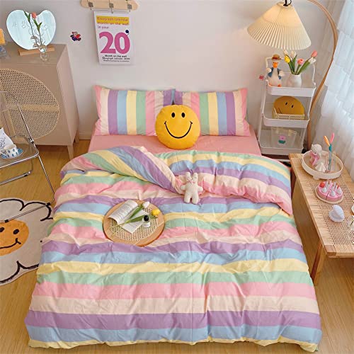 Koudi Bunt Mädchen Bettwäsche 135x200 Kinderbettwäsche Mehrfarbig Regenbogen Streifen Muster Bettbezug Reißverschluss mit Kissenbezug 80x80cm