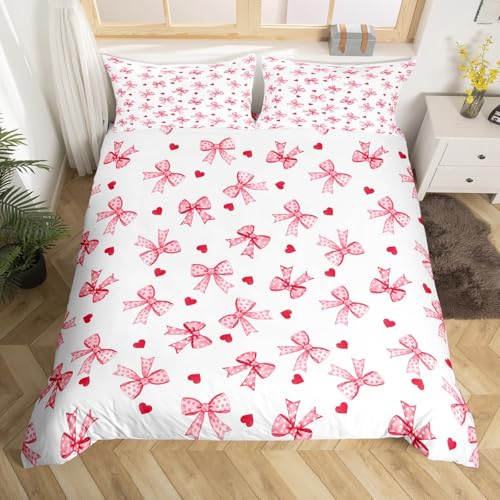 Loussiesd Schleifen Rosa Bettwäsche 135x200cm Mädchen Bownot Weiß Bettbezug Prinzessin Stil Kinder Betten Microfaser Herzen Bettwäsche