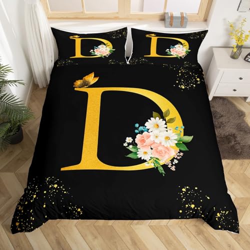 Homemissing Blumen Floral Bettwäsche Set 135x200cm Schmetterling Bettwäsche-Set mit Reißverschluss Alphabet Personalisierte Initial Schwarz Goldener Buchstabe D Bettbezug mit 1 Kissenbezug