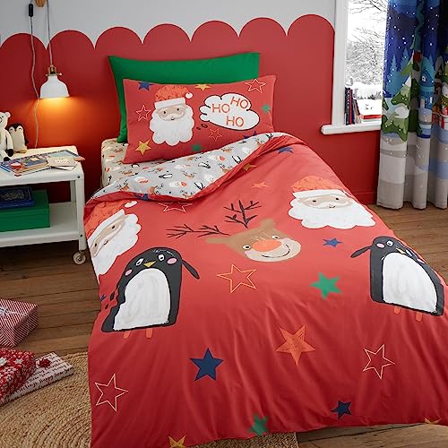 Bedlam Bettbezug mit Weihnachtsmann, Rentier und Pinguin, Einzelbettgröße (140 x 200 cm), wendbar (2 Designs), 1 x Kissenbezug, Weihnachts-Cartoon-Bettbe zug, Weihnachts-Bettwäsche,
