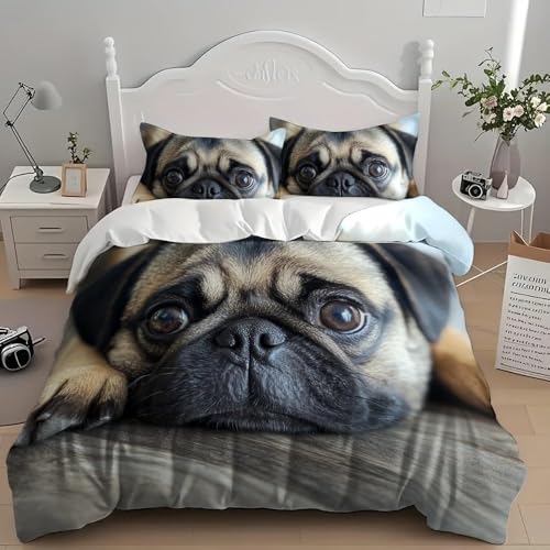 Bettwäsche 200x200 Mops Bettwäsche-Sets Atmungsaktive Angenehme Bügelfrei Microfaser 3D Bettbezug Haustierhund mit Reißverschluss und 2 Kissenbezüge b.4656