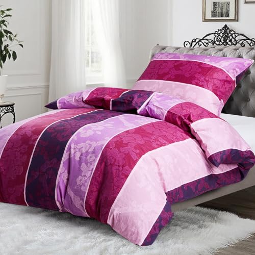 KACEMOO Bettwäsche 135x200 Baumwolle, Bettwäsche-Sets Oeko-TEX Bedding mit Reißverschluss Bettbezüge Atmungsaktiv & kuschelig, Bettbezug 135x200 + Kissenbezug 80x80, Lila Blumen Streifen 120 g/m² KACEMOO Bettwäsche 135x200 Baumwolle, Bettwäsche-Sets Oeko-TEX Bedding mit Reißverschluss Bettbezüge Atmungsaktiv & kuschelig, Bettbezug 135x200 + Kissenbezug 80x80, Lila Blumen Streifen 120 g/m²
