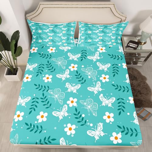 feelingyou Weißer Schmetterling Einbaublech L Größe Boho Moth Animal Silhouette Bettdeckung 2pcs Blauer niedlicher Blumen-Punkte-Blätter Bettwäsche Set für Erwachsene