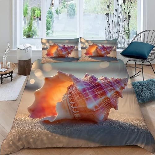 Bettwäsche 220x240 cm Muschelmuster 3 Teilig Bettbezug 220 x 240 Meer und Strand Bettwäsche-Sets 3D Weiche Mikrofaser Bettbezug Set mit Reißverschluss + 2 Kissenbezüge h-3600