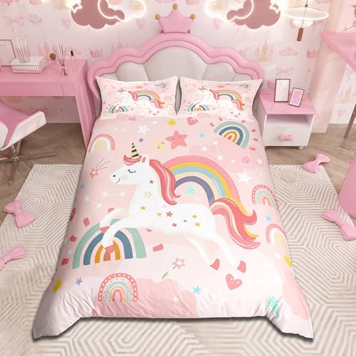 Loussiesd Einhorn Bettwäsche Set 135x200cm Mädchen Niedliche Regenbogen Einhorn Bettbezug Für Kinder Betten Cartoon Rosa Stern Traumhaft Bettwäsche-Set Weich Atmungsaktiv Loussiesd Einhorn Bettwäsche Set 135x200cm Mädchen Niedliche Regenbogen Einhorn Bettbezug Für Kinder Betten Cartoon Rosa Stern Traumhaft Bettwäsche-Set Weich Atmungsaktiv