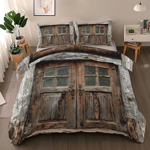 Bettwäsche 200x200 Vintage-Holz Bettbezug Set Weich Mikrofaser Bettwäsche-Sets Landhaus Bettwäsche Set 3 Teilig 3D Druck Bettbezüge mit Reißverschluss und 2 Kissenbezüge E-2657