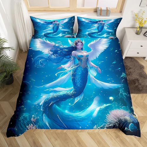 Meerjungfrau Mädchen Bettbezug S Größe,Magic Wings Meerjungfrau Bettwäsche Set,Marine Life Tröster Bezug,Kinder Prinzessin Zimmer Dekor,Weiche Polyester Quilt Cover,1 Kissenbezug