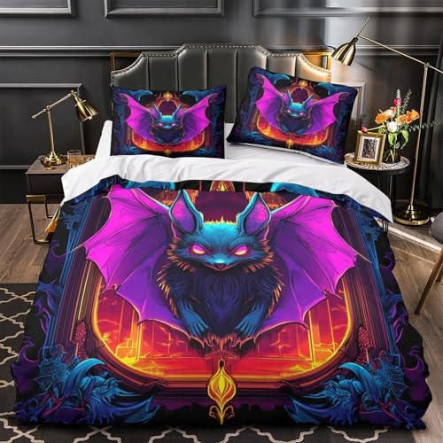 RJAVAGFZL Fantasy-Fledermaus-Kunst 3D-Druck 3er-Set Bettdeckenbezug Neon-Gothic-Stil Steppbezug Mikrofaser Hypoallergen Reißverschluss für Kinder Mädchen Erwachsene Single (135x200cm)