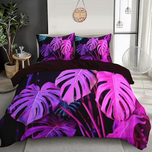Bettwäsche 200×200Cm 3 Pieces Bettdeckenbezug - Bettwäsche Set Dschungelpflanzen Neonpinke Violette Monstera-Blätter Mit 2 Kissenbezügen 80X80 Cm, Mikrofaser Bettbezug Set Mit Reißverschluss, Lila