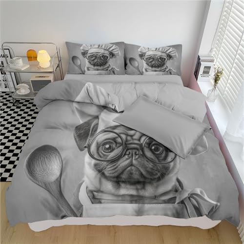 DACRWEKZ Interessante Tiere Bettwäsche 135×200 cm 1teilig grau Mops-Koch Bettwäsche-Sets Weich Mikrofaser 1 Bettbezüge mit Reißverschluss und 1 Kissenbezüge 80x80cm