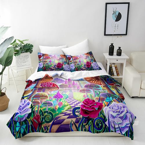 ANHOPE Pilz Schloss Rose Schmetterling Bettwäsche Set 3 Teilig Bettbezug 135x200 cm & Kissenbezug 80x80 cm Microfaser Bettbezüge mit Reißverschluss Weich Ganzjahres Bettdeckenbezug Set