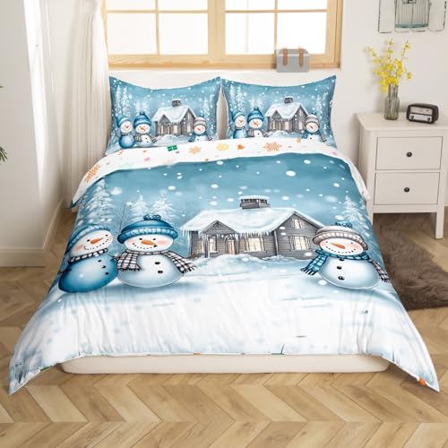 Loussiesd Netter Schneemann Bettwäsche Set 135x200cm Frohe Weihnachten Bettbezug Set Frohe Weihnachtsbaum und Schneemann Betten Set Schneeflocke Bettbezug Raum Dekor 2Stück Mit 1 Kissenbezug