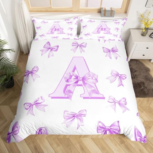 Homewish Lila Anfangsbuchstabe A Bettwäsche Netter Kawaii Bogen Deckenbezug 135x200 Prinzessin Stil Monogrammierte Bowknot Bettbezug Kinder Mädchen Teen Coquette Bow Bettset 2 Teilig Mikrofaser