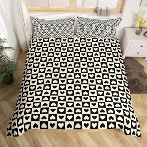 Homemissing Modern Plaid Drucken Bettwäsche Set 200x200cm Checkered Heart Bettbezug mit Reißverschluss Geometrisch mit 2 Kissenbezüge Beige Braun Schwarz Bettwäsche-Set